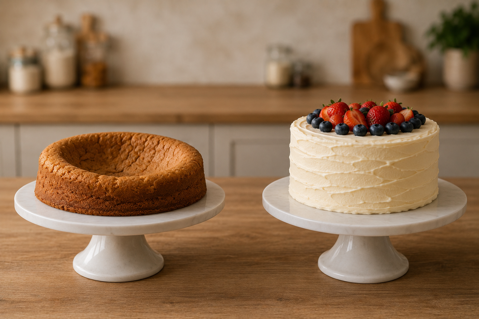 Two cakes side by side. On the left, a sunken homemade cake — the result of steps done out of order. On the right, an evenly risen cake finished with berries — the same ingredients, the right sequence.