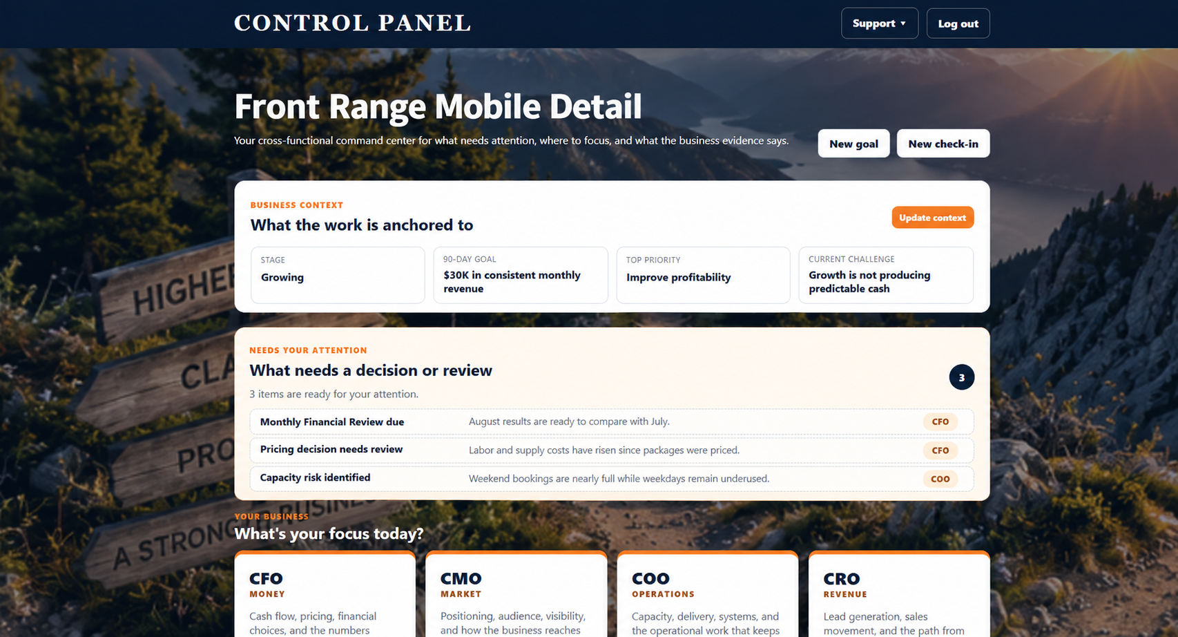 CEO Control Panel illustrating connected priorities across a growing business